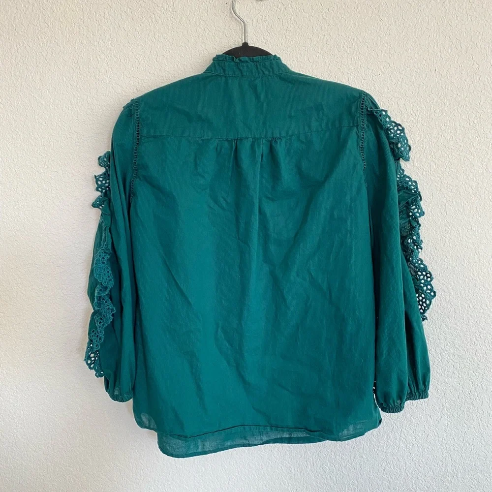 J. Crew Ruffle Eyelet Long Sleeve Blouse Emerald Green Embroidered Spring Preppy